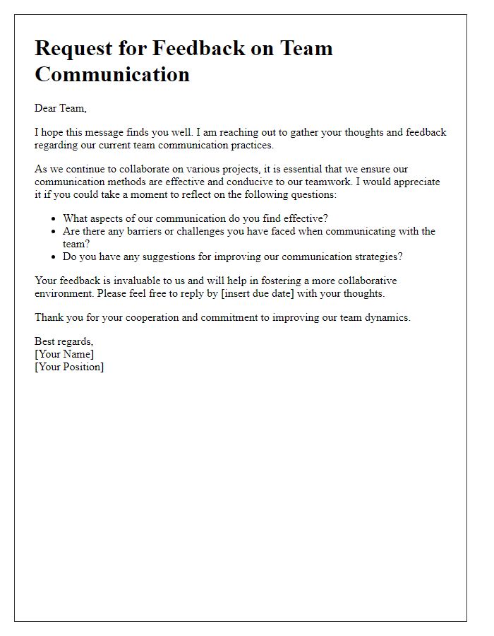 Letter template of seeking feedback to improve team communication.