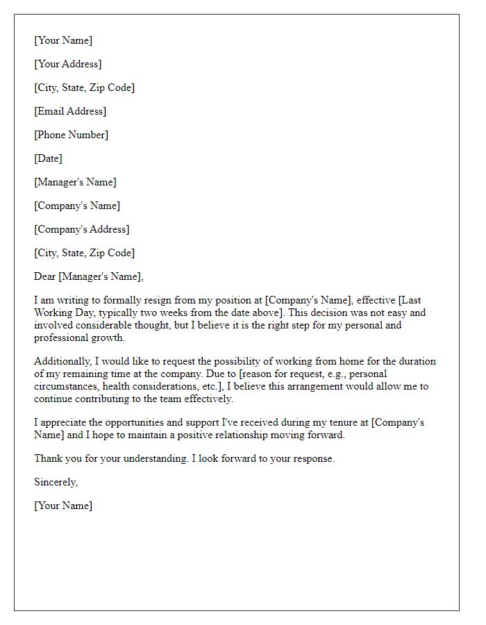 Letter template of resignation combined with a request for work-from-home privileges.