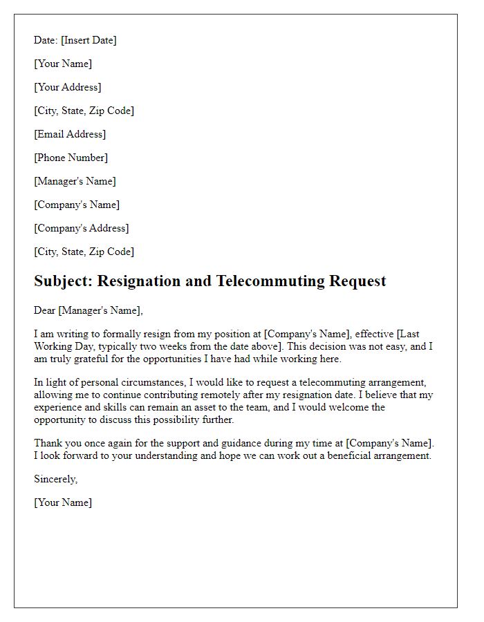 Letter template of resignation with a request for telecommuting arrangement.