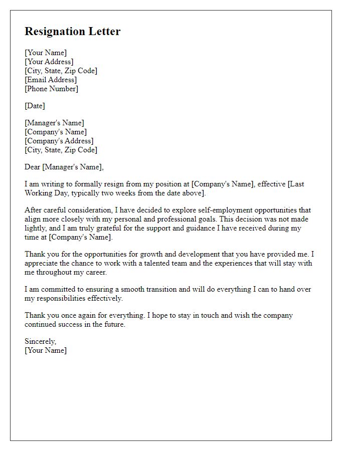 Letter template of resignation to explore self-employment opportunities