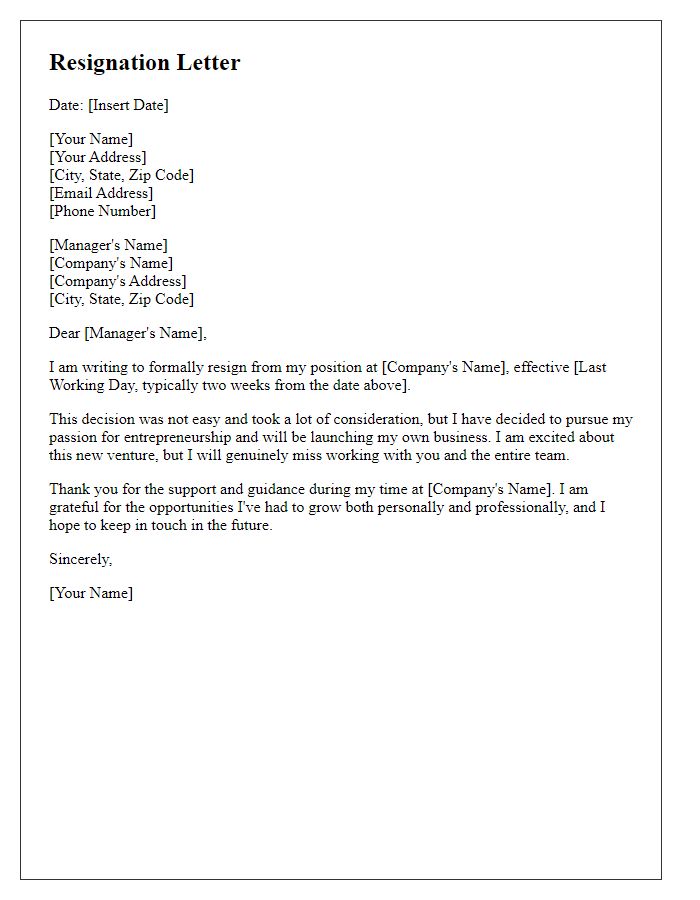 Letter template of resignation to launch a new business