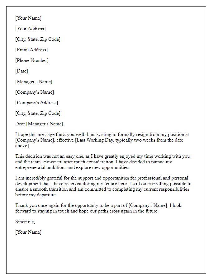 Letter template of resignation to pursue entrepreneurial ambitions