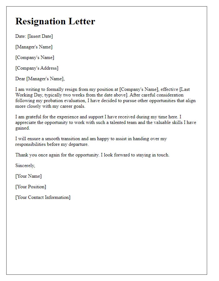 Letter template of resignation post-probation evaluation.