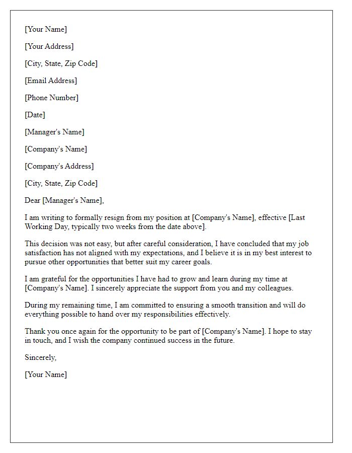 Letter template of resignation due to lack of job satisfaction.