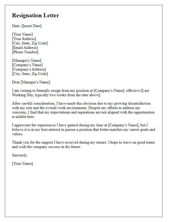 Letter template of resignation highlighting job dissatisfaction.