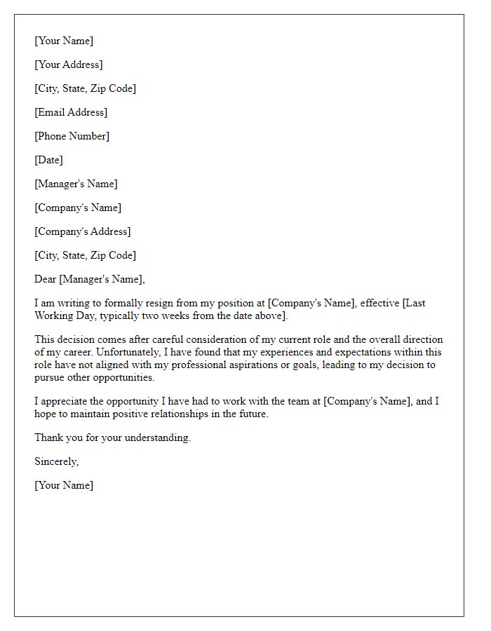 Letter template of resignation in response to unsatisfactory role.