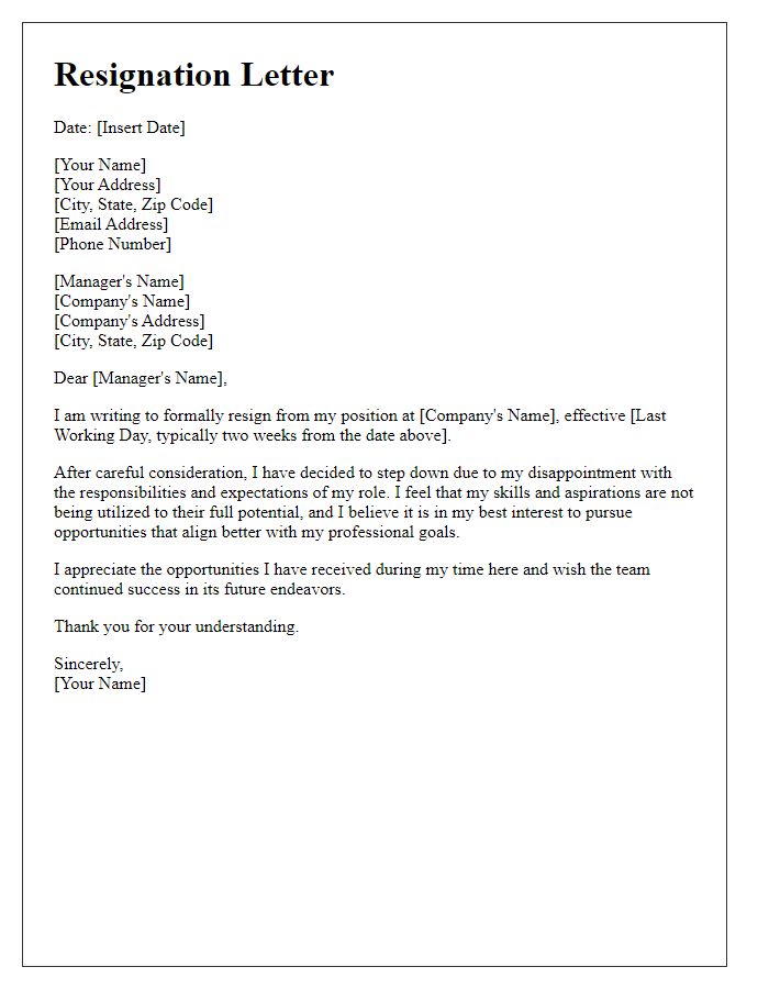 Letter template of resignation prompted by disappointing responsibilities.