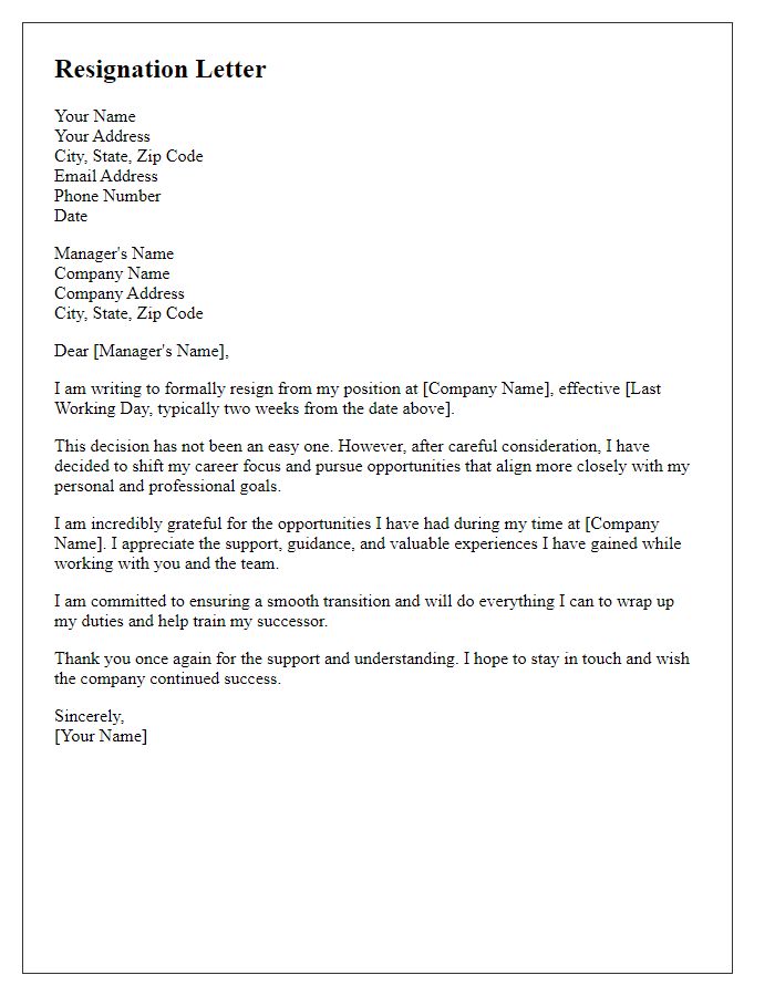 Letter template of resignation for altering career focus