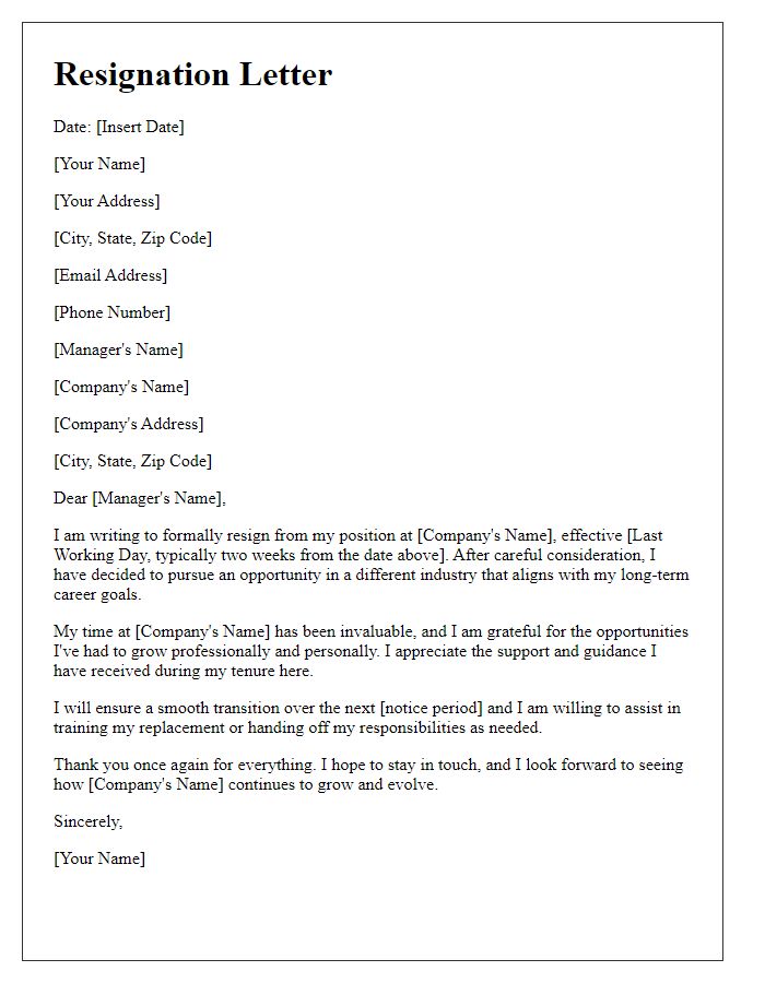 Letter template of resignation for changing industries