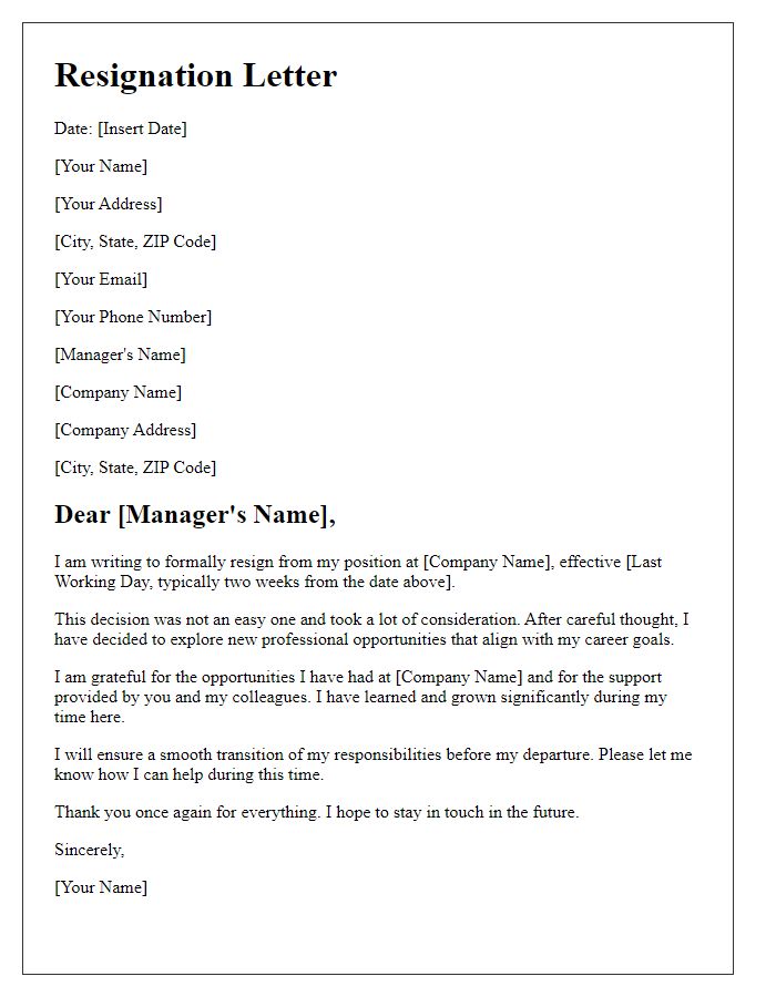 Letter template of resignation for exploring new professional opportunities