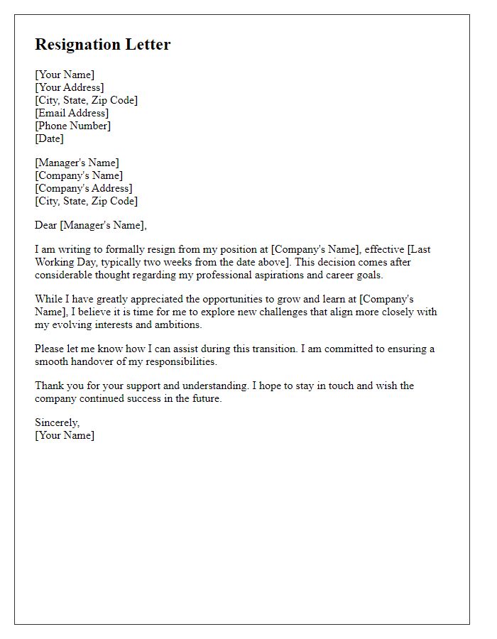 Letter template of resignation for redefining professional aspirations