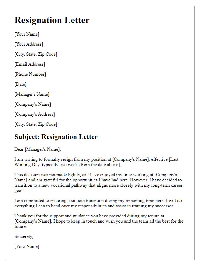 Letter template of resignation for transitioning to a new vocational pathway