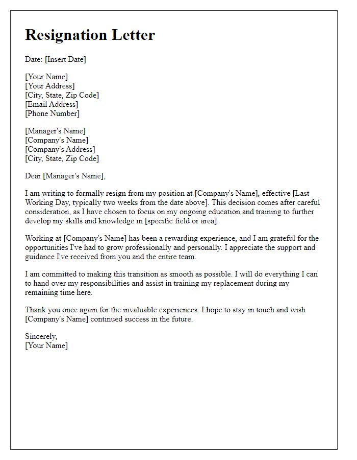 Letter template of resignation for committing to ongoing education and training