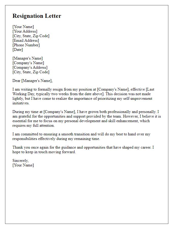 Letter template of resignation for prioritizing self-improvement initiatives