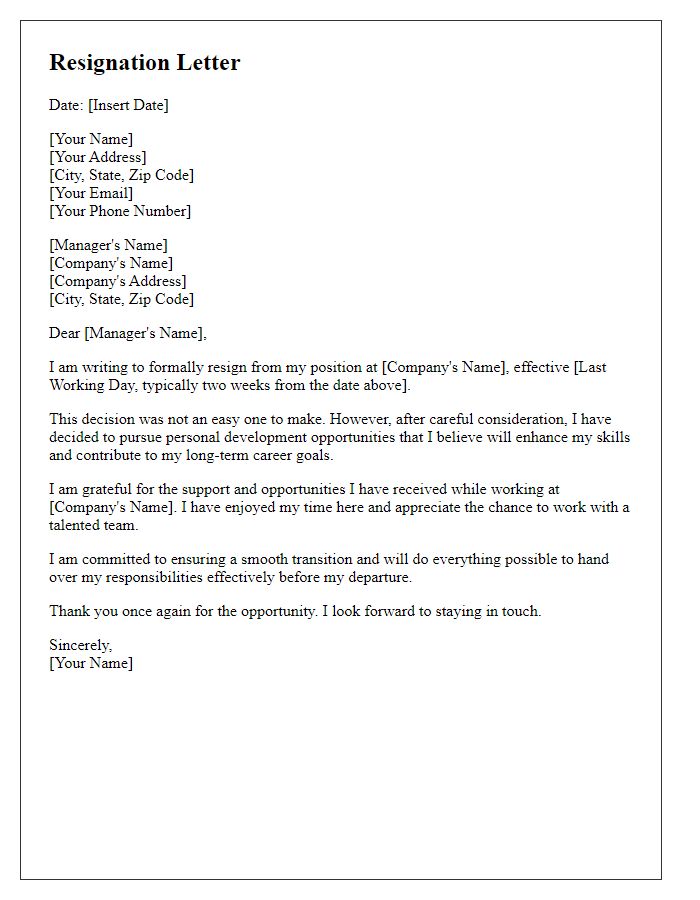 Letter template of resignation for pursuing personal development opportunities