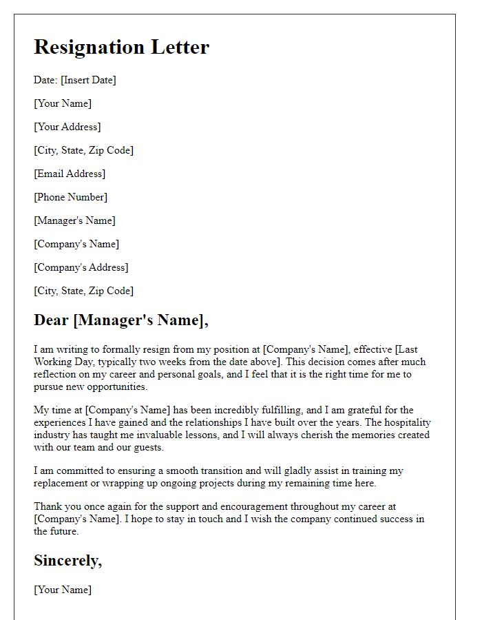 Letter template of resignation after a fulfilling career in hospitality