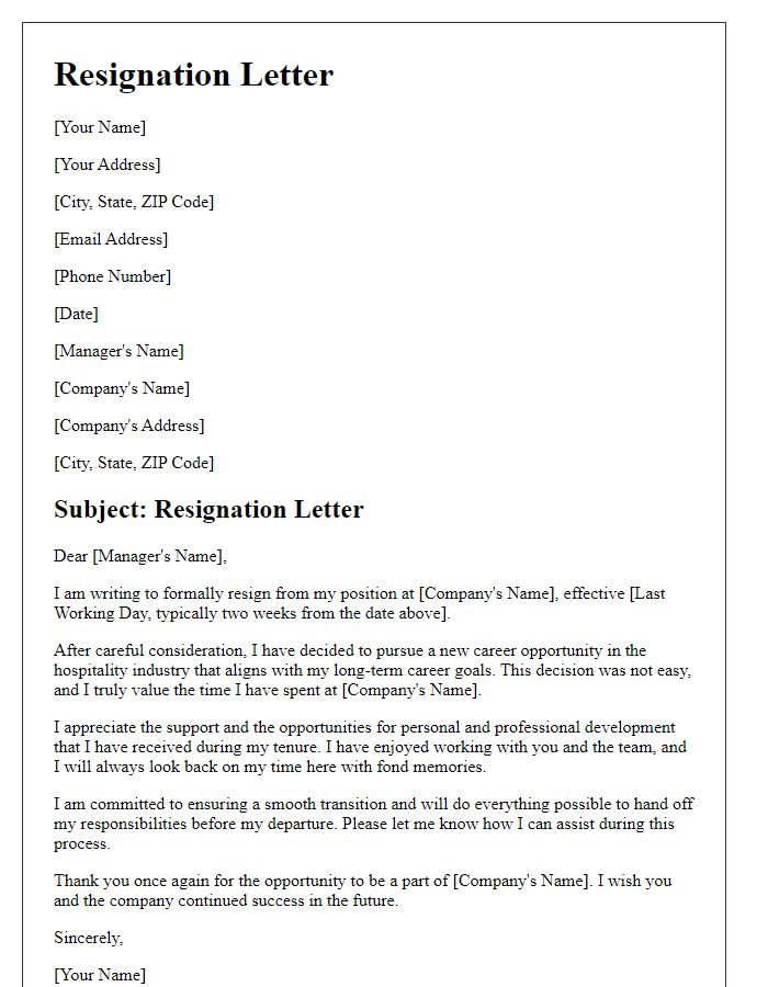 Letter template of resignation due to new career opportunity in hospitality