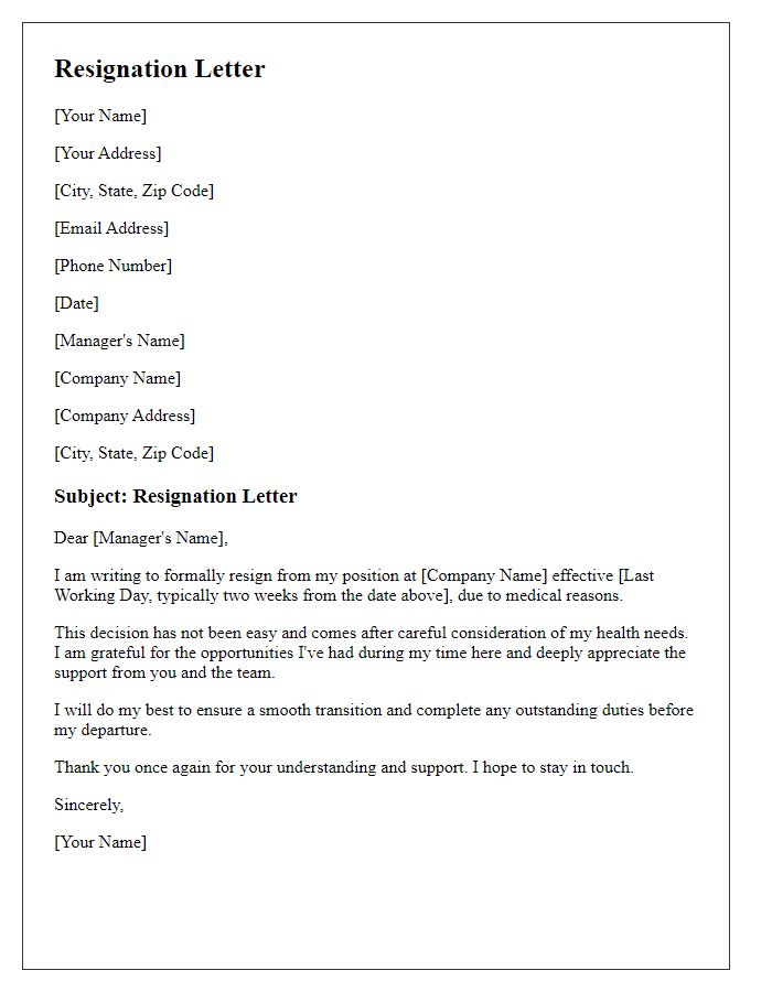 Letter template of resignation for medical reasons in the hospitality industry