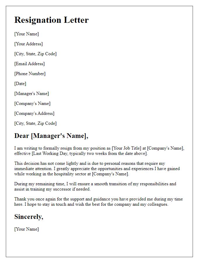 Letter template of resignation for personal reasons in the hospitality sector