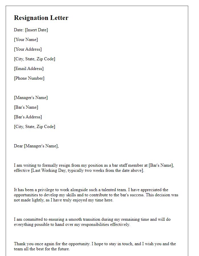 Letter template of respectful resignation from bar staff