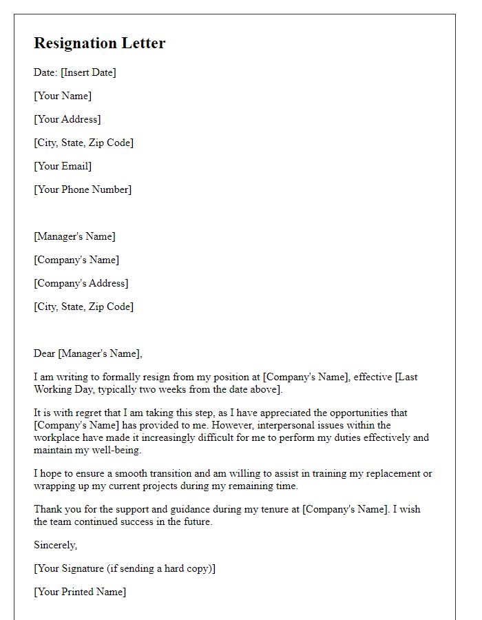 Letter template of resignation due to workplace interpersonal issues