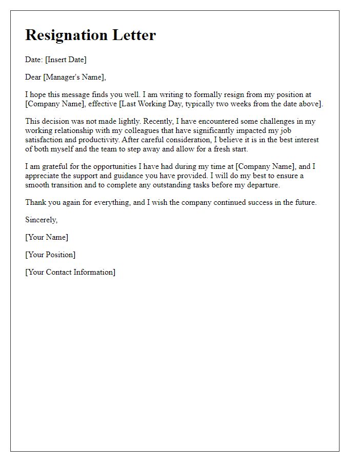 Letter template of resignation linked to colleague relationship struggles