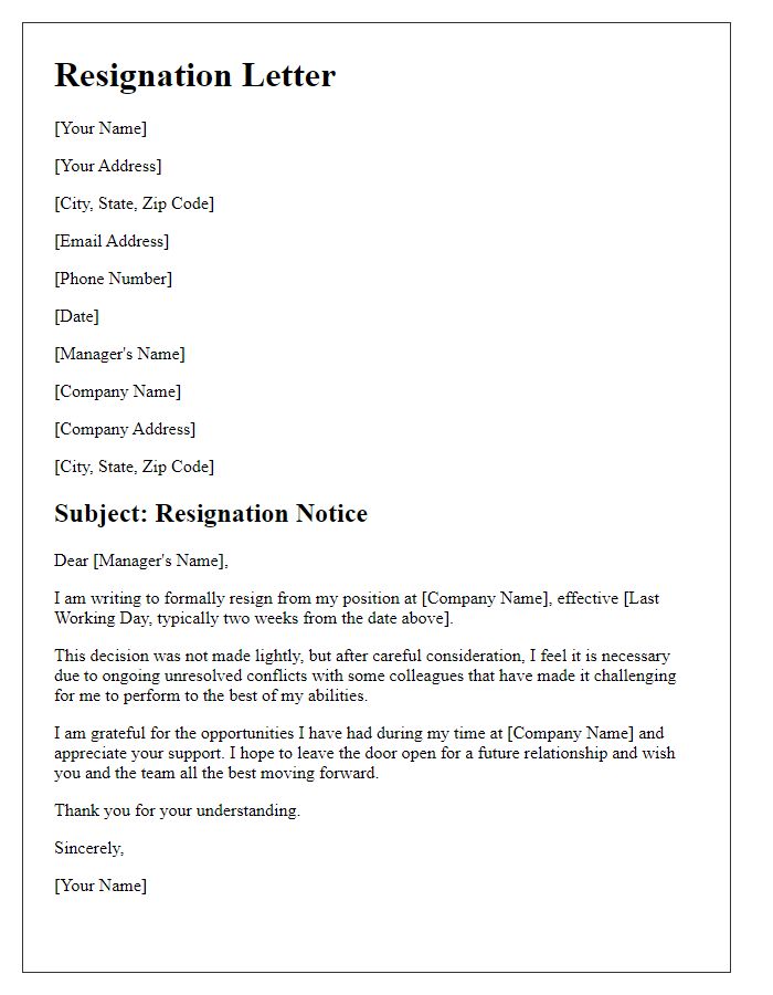 Letter template of resignation for unresolved conflicts with colleagues