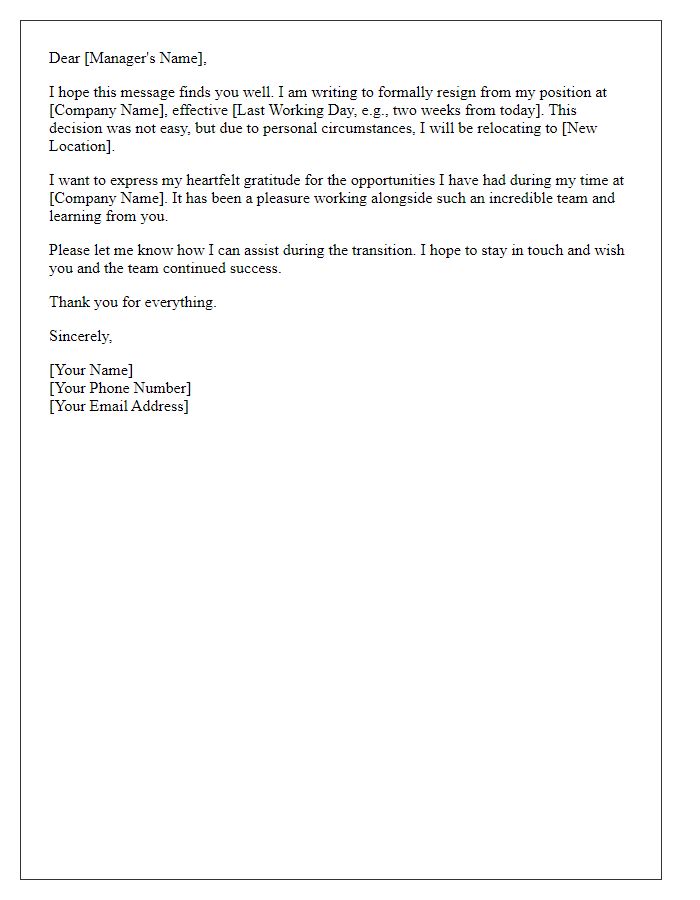 Letter template of resignation coupled with moving announcement