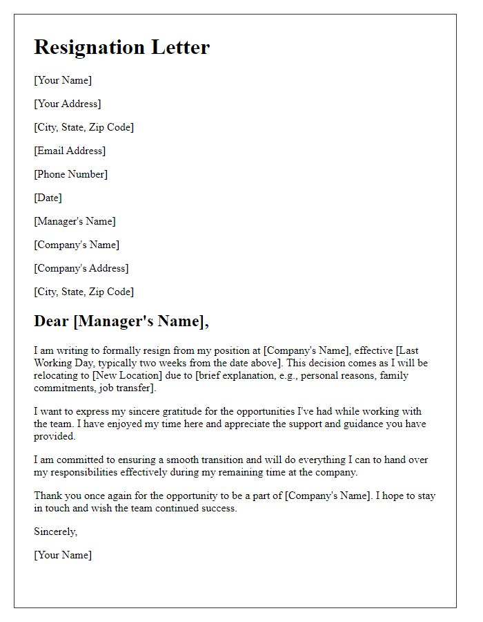 Letter template of resignation explaining upcoming move