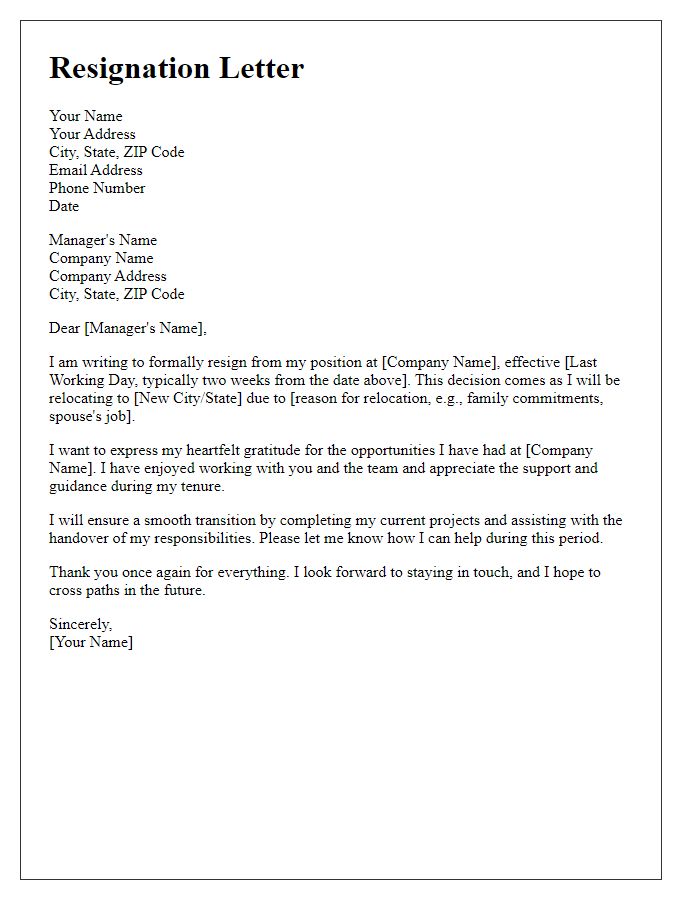 Letter template of resignation incorporating relocation plans