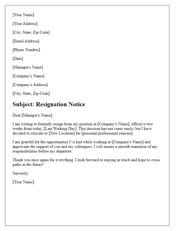 Letter template of resignation mentioning relocation details