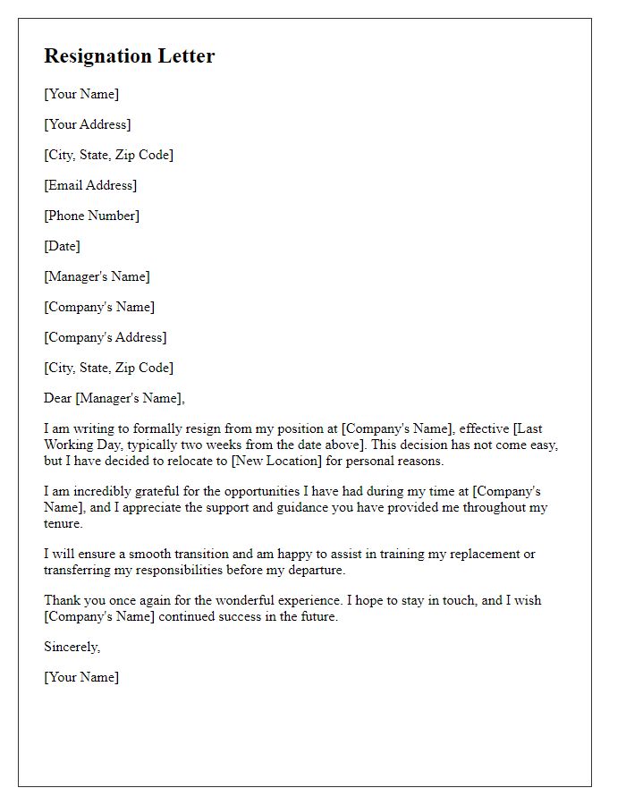 Letter template of resignation stating intention to relocate