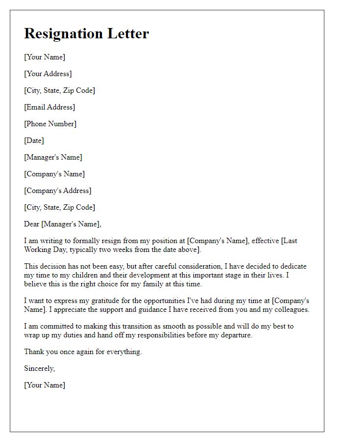 Letter template of resignation to dedicate time to children