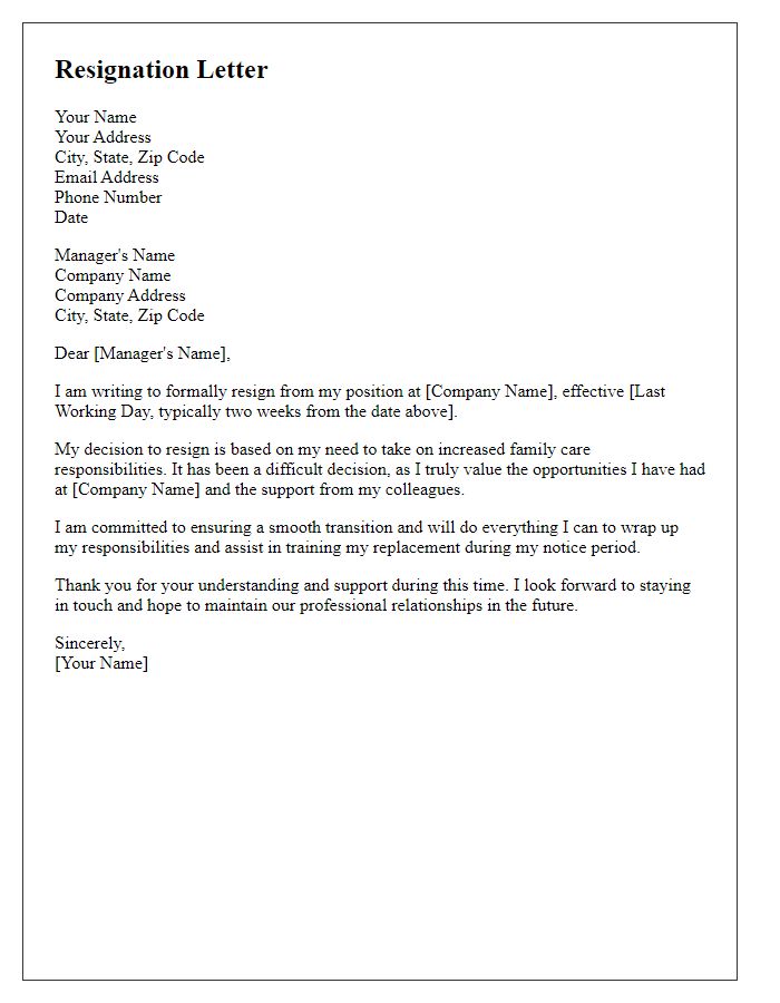 Letter template of resignation for family care responsibilities