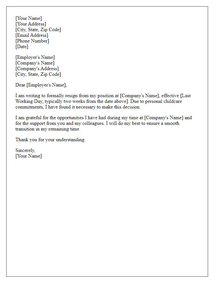 Letter template of resignation for personal childcare commitments