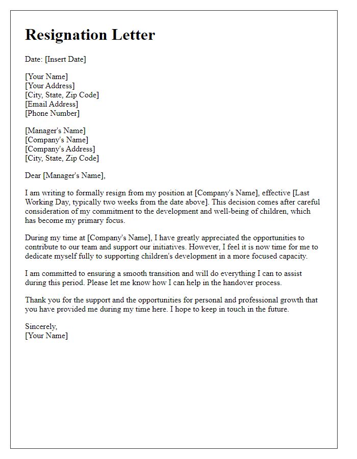 Letter template of resignation to support children's development