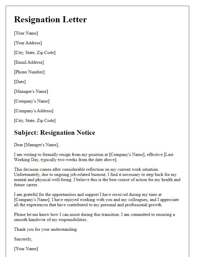 Letter template of resignation associated with job-related burnout