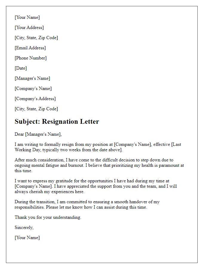 Letter template of resignation because of mental fatigue and burnout