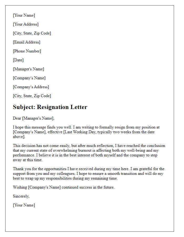 Letter template of resignation prompted by overwhelming burnout