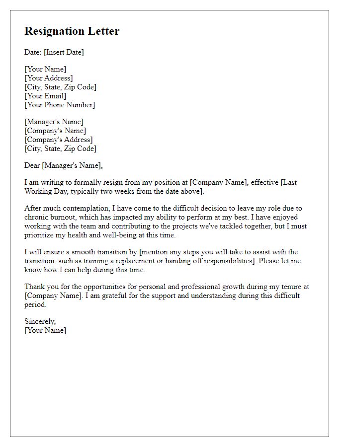 Letter template of resignation resulting from chronic burnout