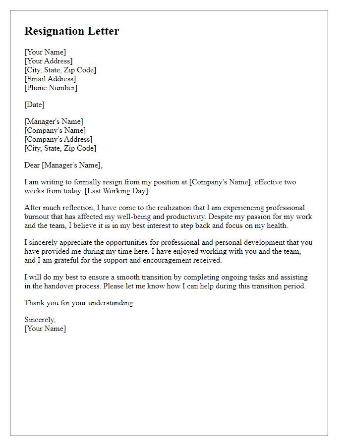 Letter template of resignation stemming from professional burnout