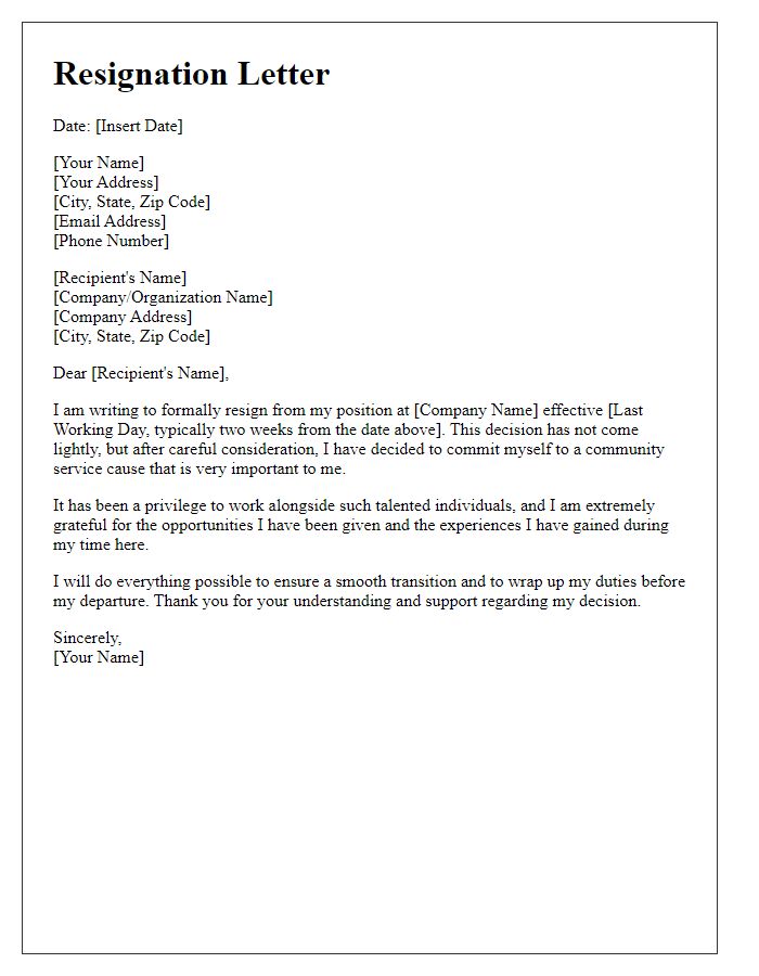 Letter template of resignation to commit to a community service cause.