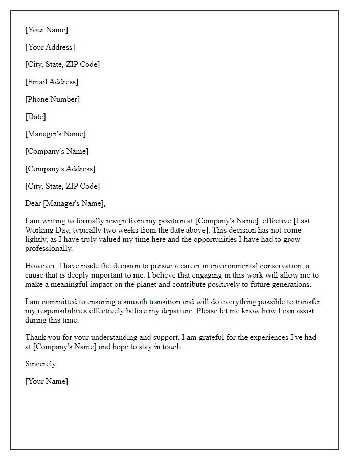 Letter template of resignation to engage in environmental conservation work.