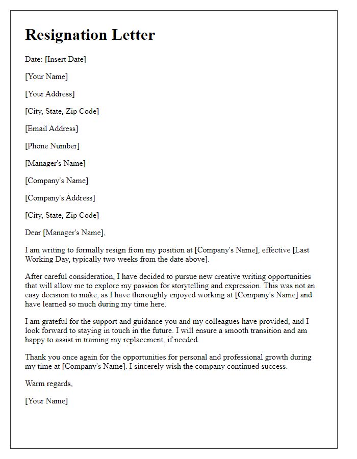 Letter template of resignation to explore creative writing opportunities.