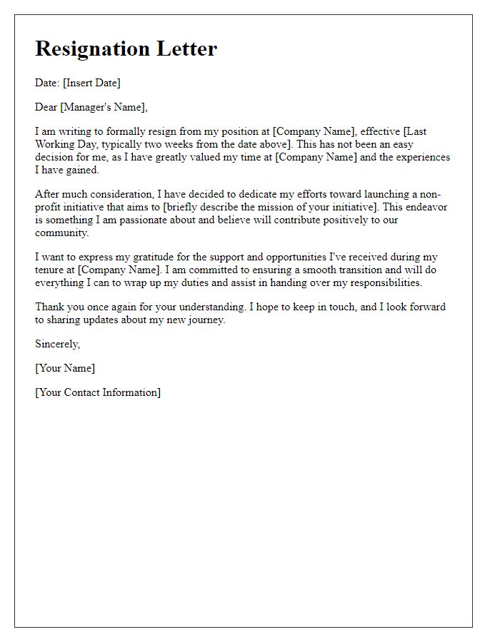 Letter template of resignation to launch a non-profit initiative.