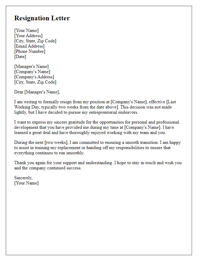 Letter template of resignation to pursue entrepreneurial endeavors.