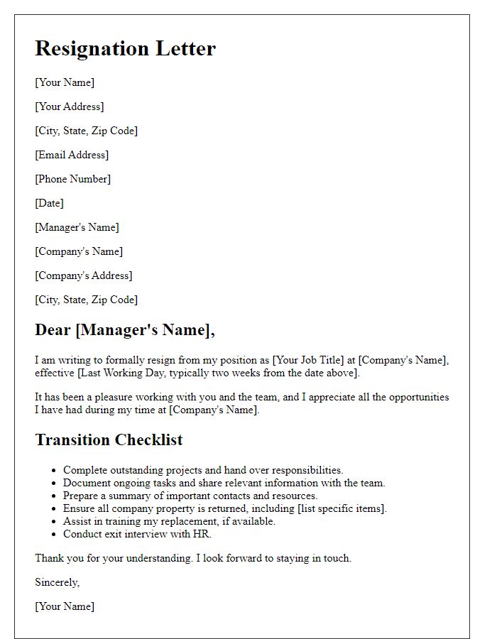 Letter template of resignation accompanied by transition checklist.