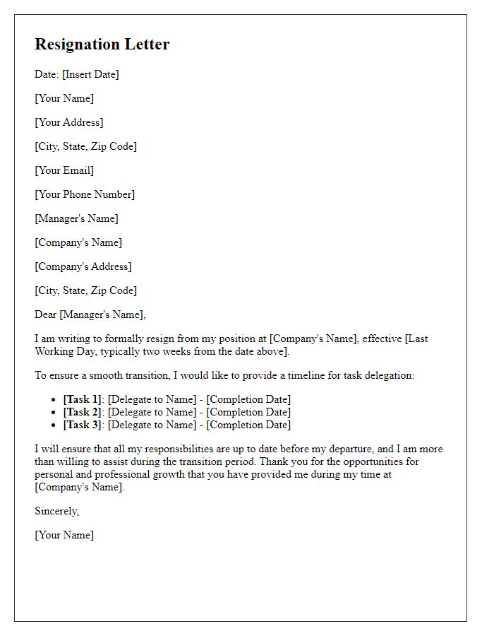 Letter template of resignation with clear task delegation timeline.