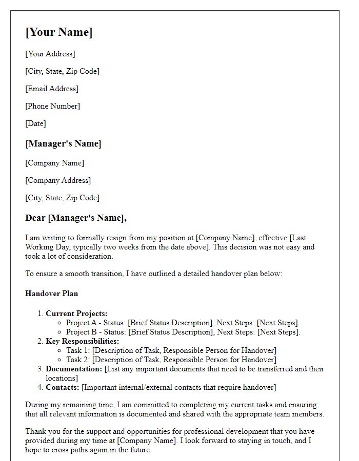 Letter template of resignation with detailed handover plan.