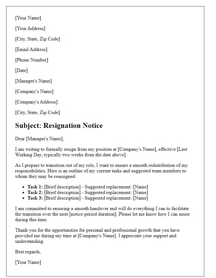 Letter template of resignation detailing responsibilities redistribution.